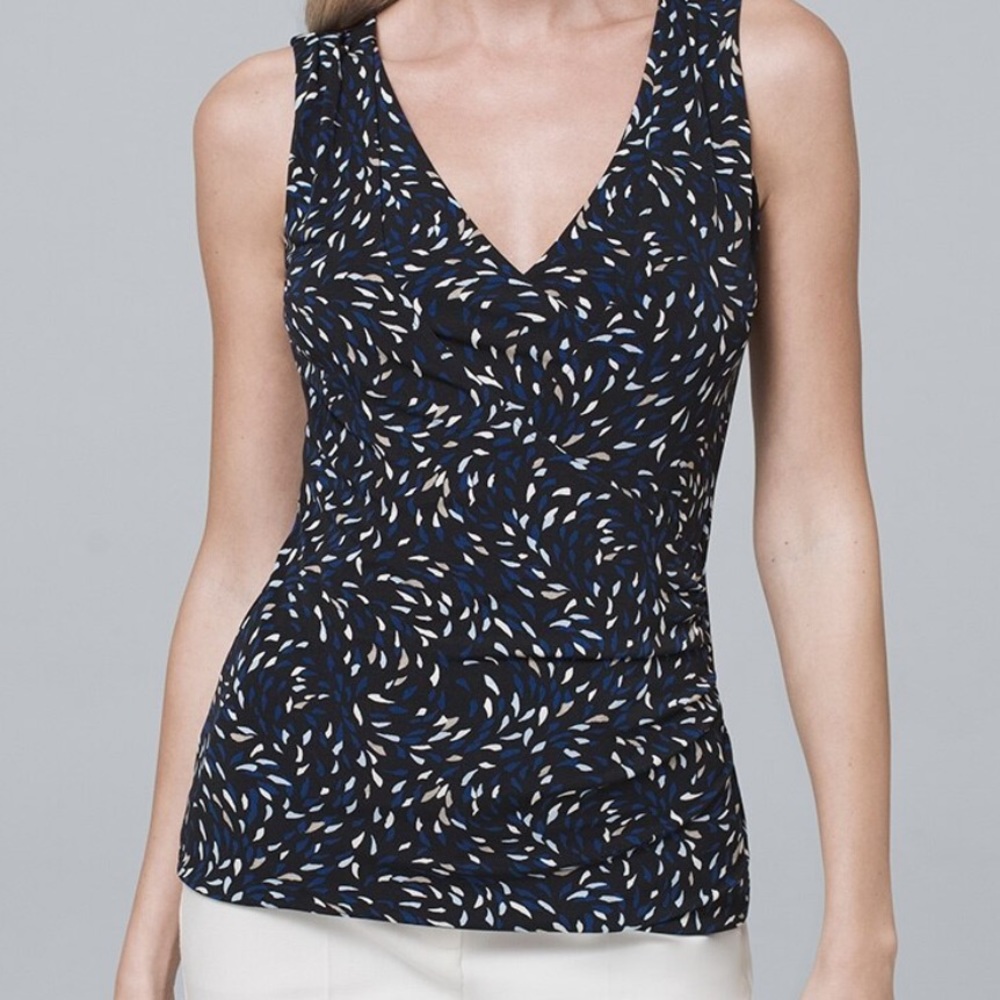 WHBM v-Neck Leaf-print knit surplice tank in black blue